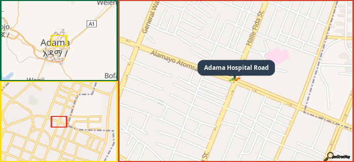 Map showing the address of Adama Hospital Road in three different zoom levels.