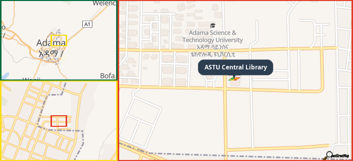 Map showing the address of ASTU Central Library in three different zoom levels.