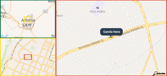 Map showing the address of Ganda Hara in three different zoom levels.