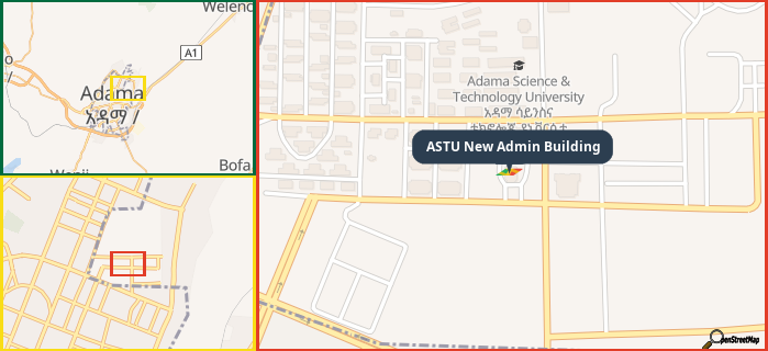 Map showing the address of ASTU New Admin Building in three different zoom levels.