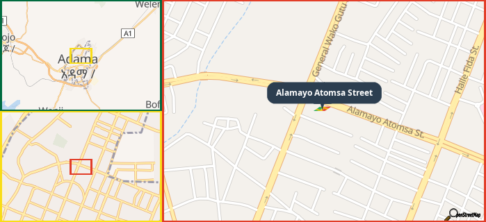 Map showing the address of Alamayo Atomsa Street in three different zoom levels.