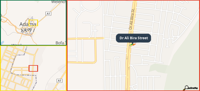 Map showing the address of Dr Ali Bira Street in three different zoom levels.