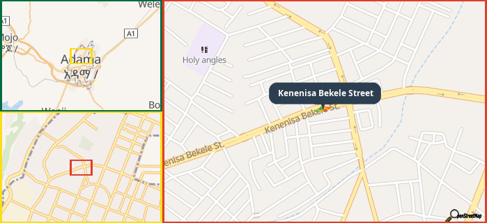 Map showing the address of Kenenisa Bekele Street in three different zoom levels.