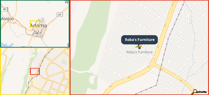 Map showing the address of Roba's Furniture in three different zoom levels.
