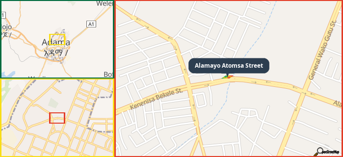 Map showing the address of Alamayo Atomsa Street in three different zoom levels.