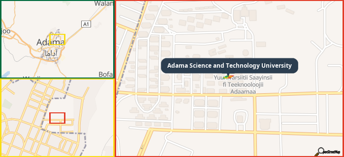 Map showing the address of Adama Science and Technology University in three different zoom levels.