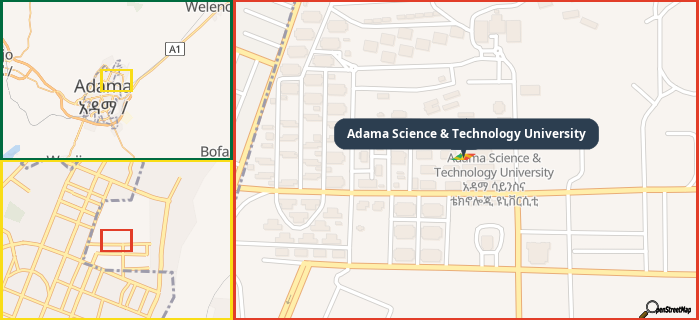 Map showing the address of Adama Science & Technology University in three different zoom levels.