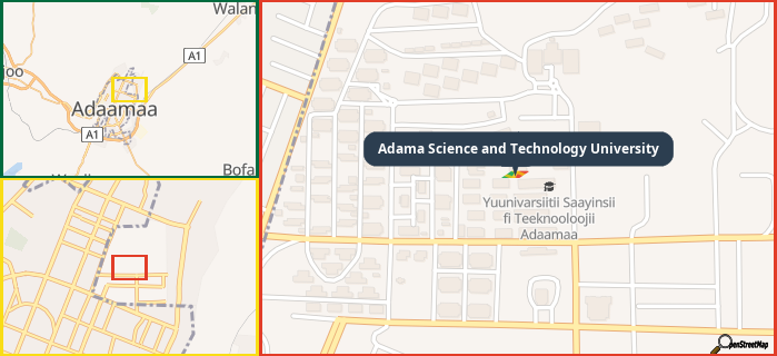 Map showing the address of Adama Science and Technology University in three different zoom levels.