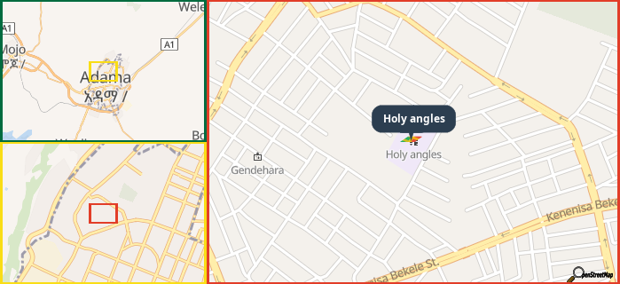 Map showing the address of Holy angles in three different zoom levels.