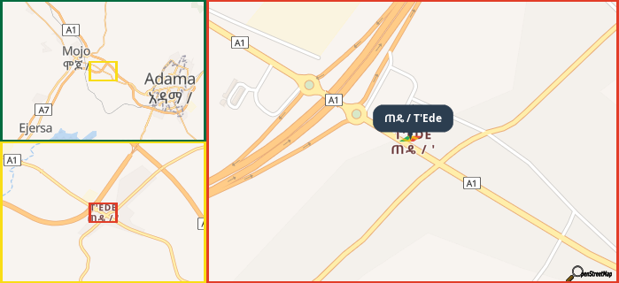 Map showing the address of ጠዴ / T'Ede in three different zoom levels.