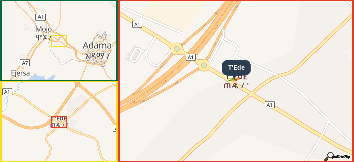 Map showing the address of T'Ede in three different zoom levels.