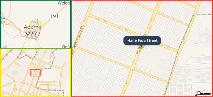 Map showing the address of Haile Fida Street in three different zoom levels.