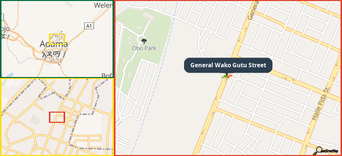 Map showing the address of General Wako Gutu Street in three different zoom levels.