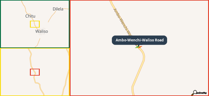 Map showing the address of Ambo-Wenchi-Waliso Road in three different zoom levels.
