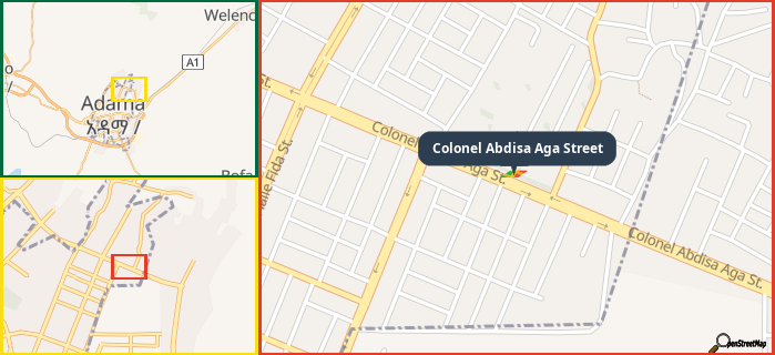 Map showing the address of Colonel Abdisa Aga Street in three different zoom levels.