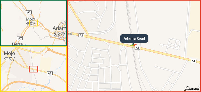 Map showing the address of Adama Road in three different zoom levels.