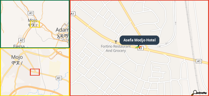 Map showing the address of Asefa Modjo Hotel in three different zoom levels.