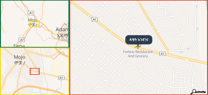 Map showing the address of ዳዊት እንደገና in three different zoom levels.