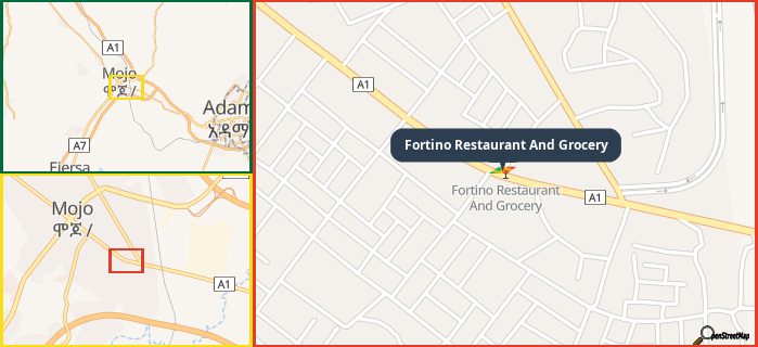 Map showing the address of Fortino Restaurant And Grocery in three different zoom levels.