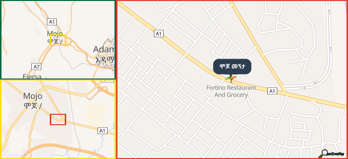Map showing the address of ሞጆ መኝታ in three different zoom levels.