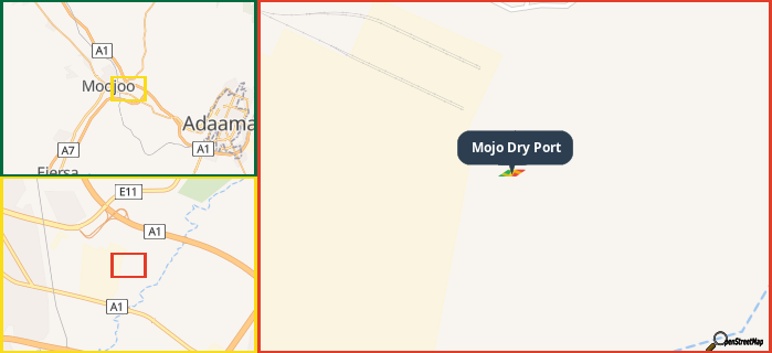Map showing the address of Mojo Dry Port in three different zoom levels.