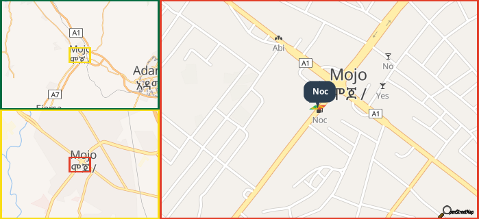 Map showing the address of Noc in three different zoom levels.