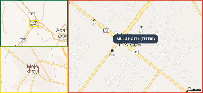 Map showing the address of MULU HOTEL (TEFERI) in three different zoom levels.