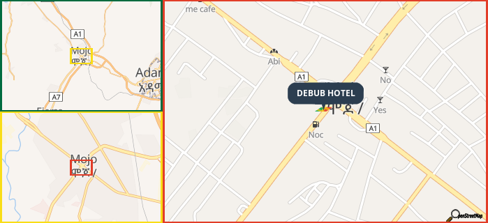 Map showing the address of DEBUB HOTEL in three different zoom levels.