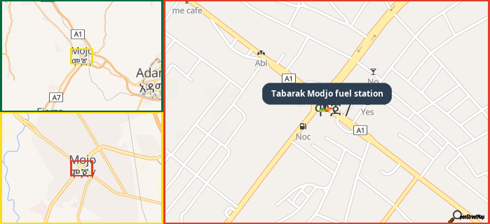 Map showing the address of Tabarak Modjo fuel station in three different zoom levels.