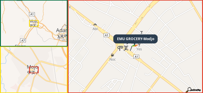 Map showing the address of EMU GROCERY-Modjo in three different zoom levels.