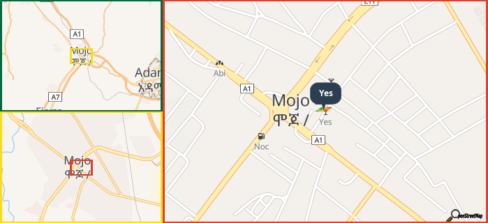 Map showing the address of Yes in three different zoom levels.