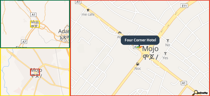 Map showing the address of Four Corner Hotel in three different zoom levels.