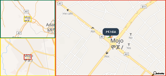 Map showing the address of ታፍ ኦይል in three different zoom levels.