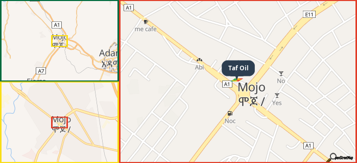 Map showing the address of Taf Oil in three different zoom levels.