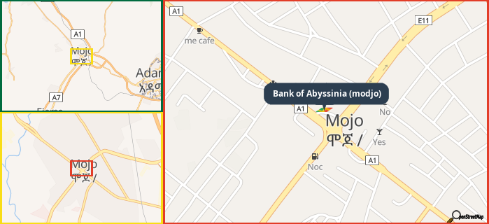 Map showing the address of Bank of Abyssinia (modjo) in three different zoom levels.