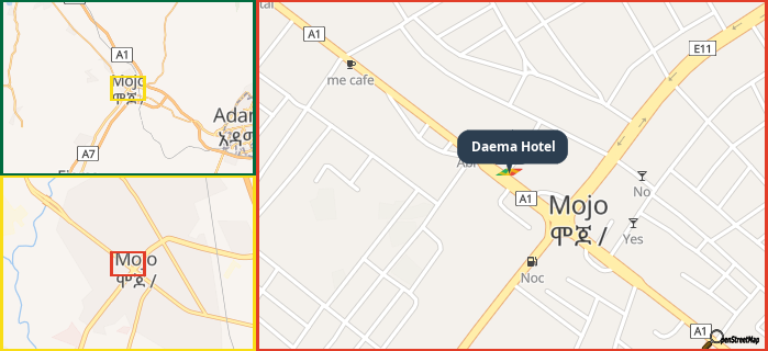 Map showing the address of Daema Hotel in three different zoom levels.