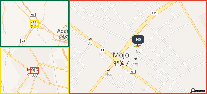 Map showing the address of No in three different zoom levels.