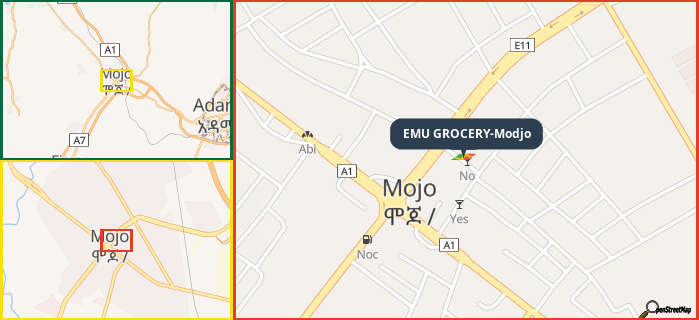 Map showing the address of EMU GROCERY-Modjo in three different zoom levels.