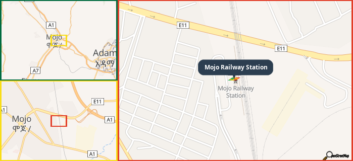 Map showing the address of Mojo Railway Station in three different zoom levels.