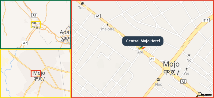 Map showing the address of Central Mojo Hotel in three different zoom levels.