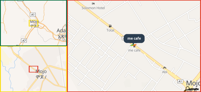 Map showing the address of me cafe in three different zoom levels.