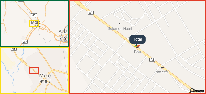 Map showing the address of Total in three different zoom levels.
