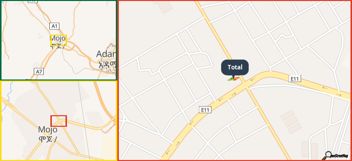 Map showing the address of Total in three different zoom levels.