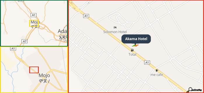 Map showing the address of Akama Hotel in three different zoom levels.