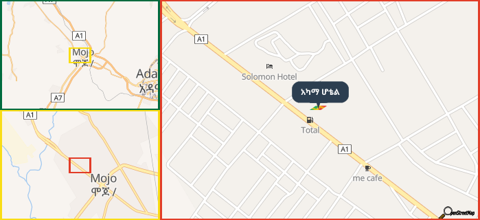 Map showing the address of አካማ ሆቴል in three different zoom levels.