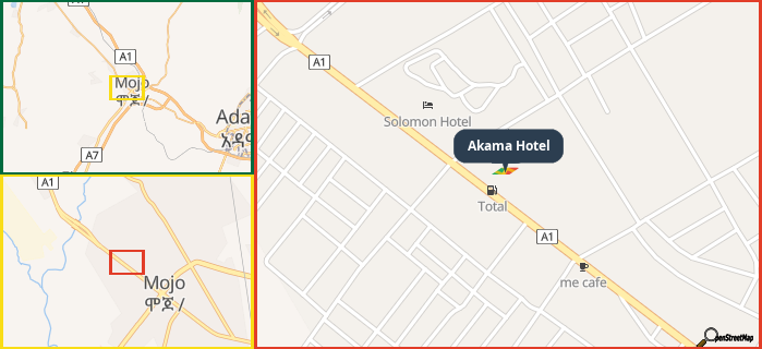 Map showing the address of Akama Hotel in three different zoom levels.