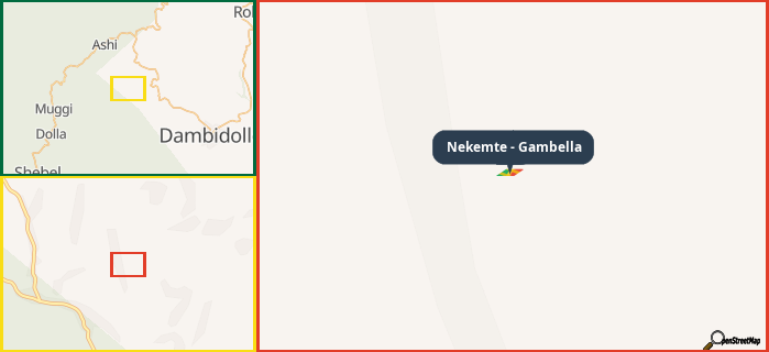 Map showing the address of Nekemte - Gambella in three different zoom levels.
