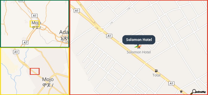 Map showing the address of Solomon Hotel in three different zoom levels.