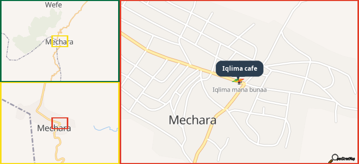Map showing the address of Iqlima cafe in three different zoom levels.