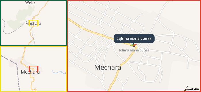 Map showing the address of Iqlima mana bunaa in three different zoom levels.